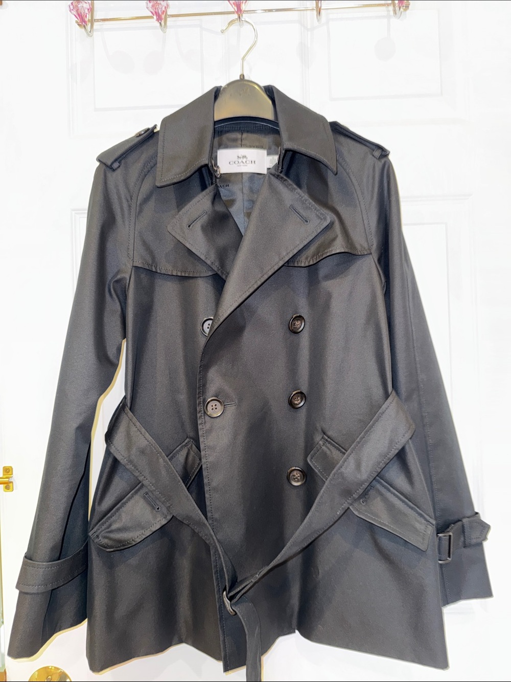 Coach Black Double-Breasted Trench with Belted Waist